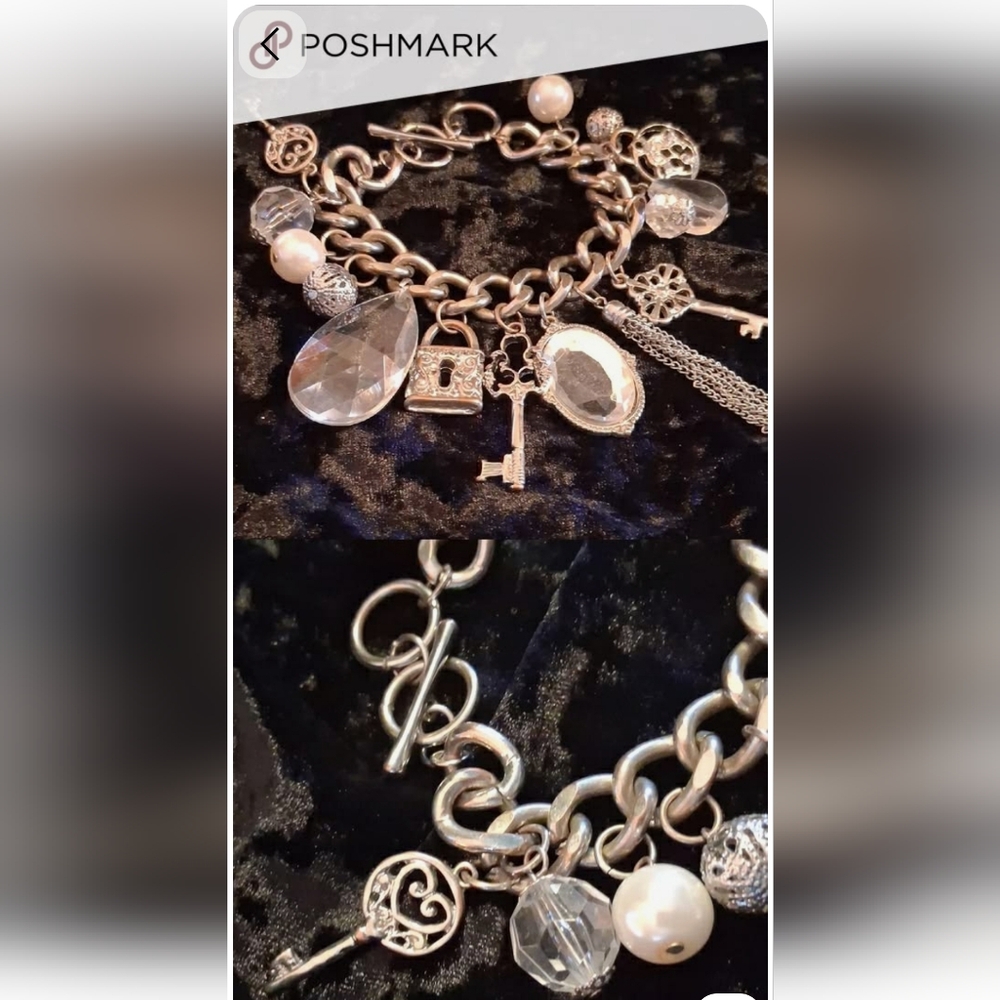 Elegant Vintage Silver Charm Bracelet with Crystal Accents. Sz 8 To 10